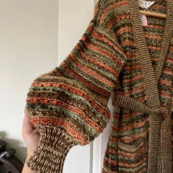 70s Striped Earth-Tone Knit Cardigan with Matching Waist Belt - Picture 2 of 5